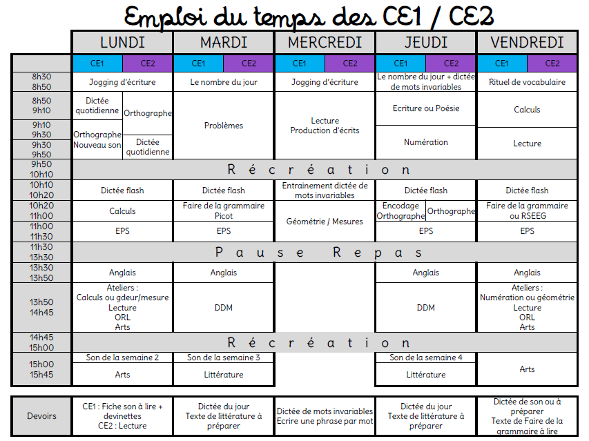 Mon Emploi Du Temps Pour Le Ce1 Ce2 L Ecole De Crevette