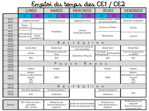 Mon emploi du temps pour le CE1/CE2