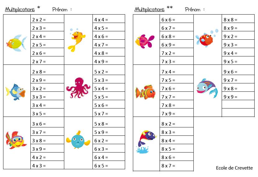 Jeux - Les tables de multiplication de 2 à 9 - L ecole de crevette