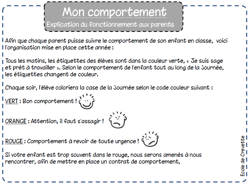 Gestion Du Comportement Fiches Eleve L Ecole De Crevette