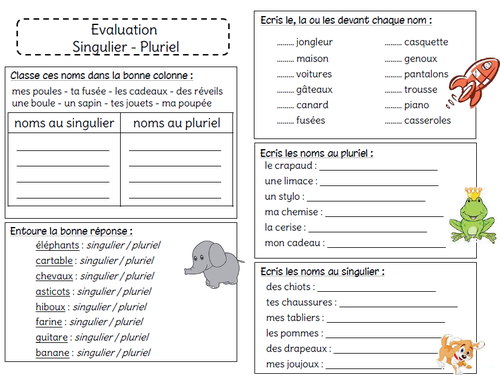 Evaluation Singulier / Pluriel grammaire ce1