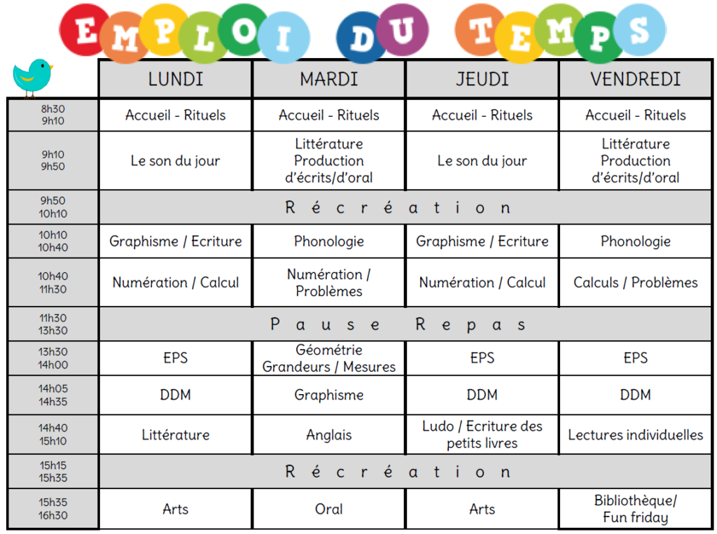 Mon Emploi Du Temps Cp L Ecole De Crevette